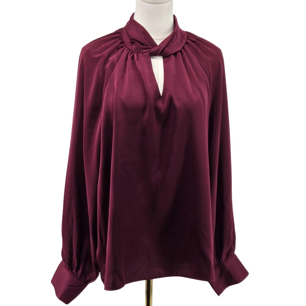 Skies Are Blue Blouse Womens L Purple Satin Tunic Balloon Sleeve High Neck